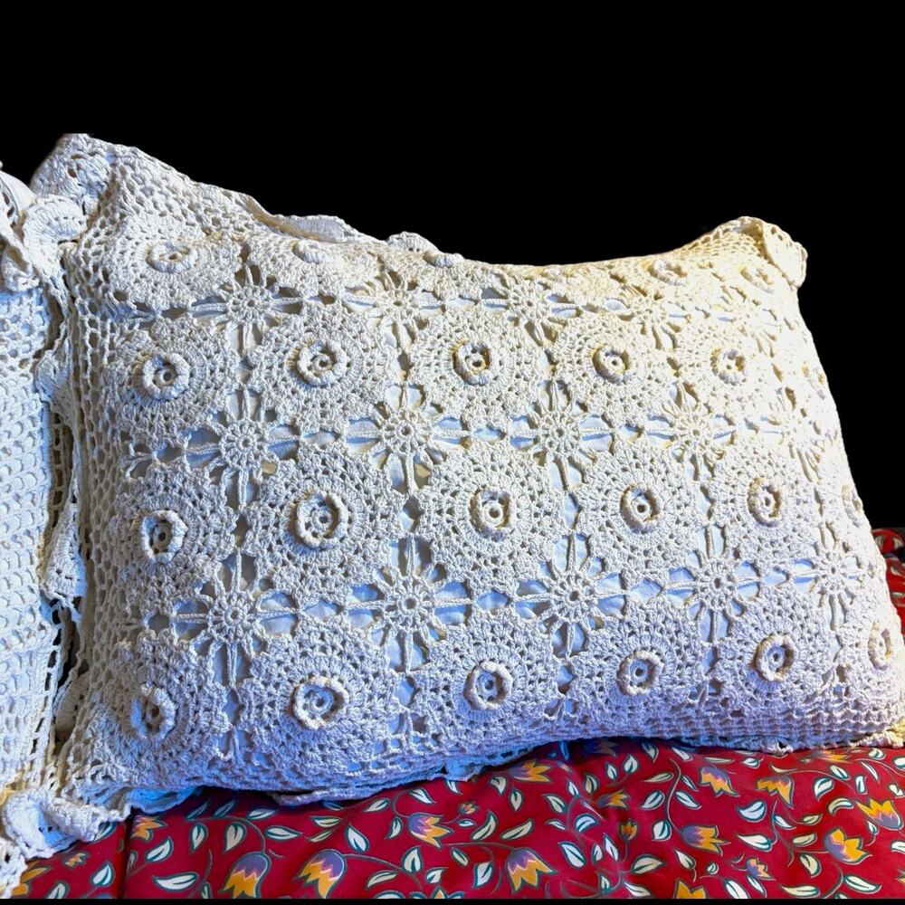 Vintage Ecru ivory Crochet Embroidered Floral Pillow Sham Standard Rectangular